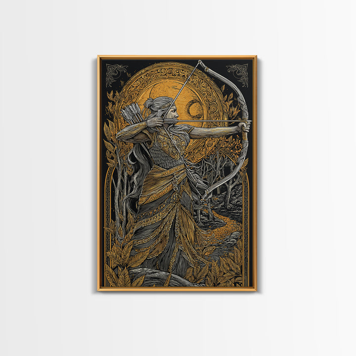 Artemis Moonlit Huntress With Bow, Canvas Gold Art, Real Wood Framed Print, Greek Goddess Wall Decor, Mythology Artwork
