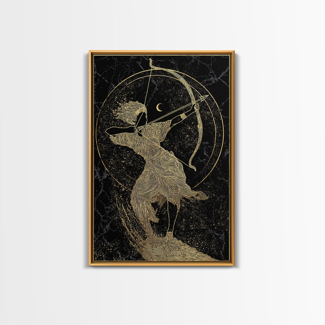 Divine Archer Artemis Illustration, Canvas Gold Canvas Print, Real Wood Frame, Greek Goddess Wall Hanging, Myth Art Decor