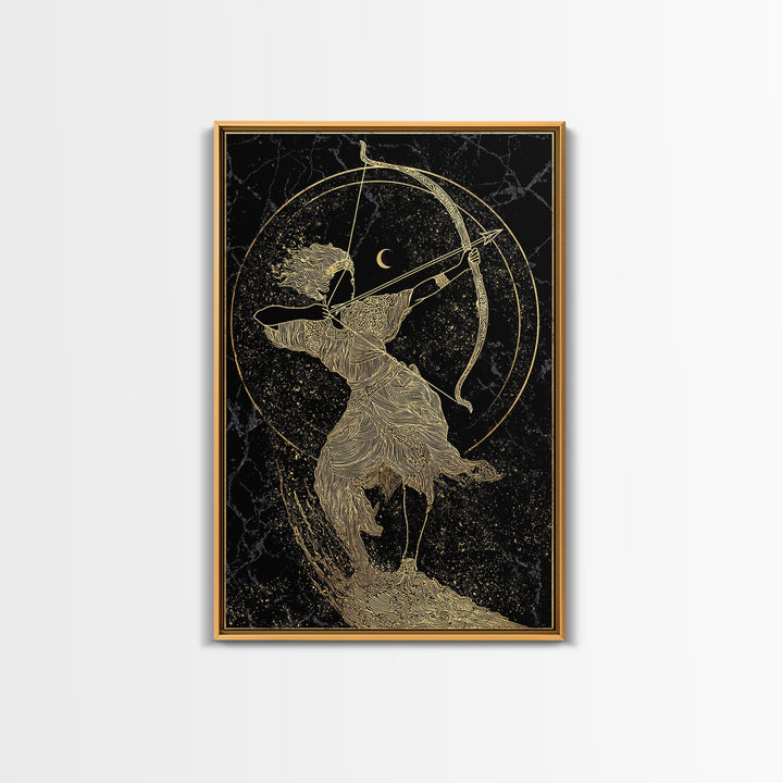 Divine Archer Artemis Illustration, Canvas Gold Canvas Print, Real Wood Frame, Greek Goddess Wall Hanging, Myth Art Decor