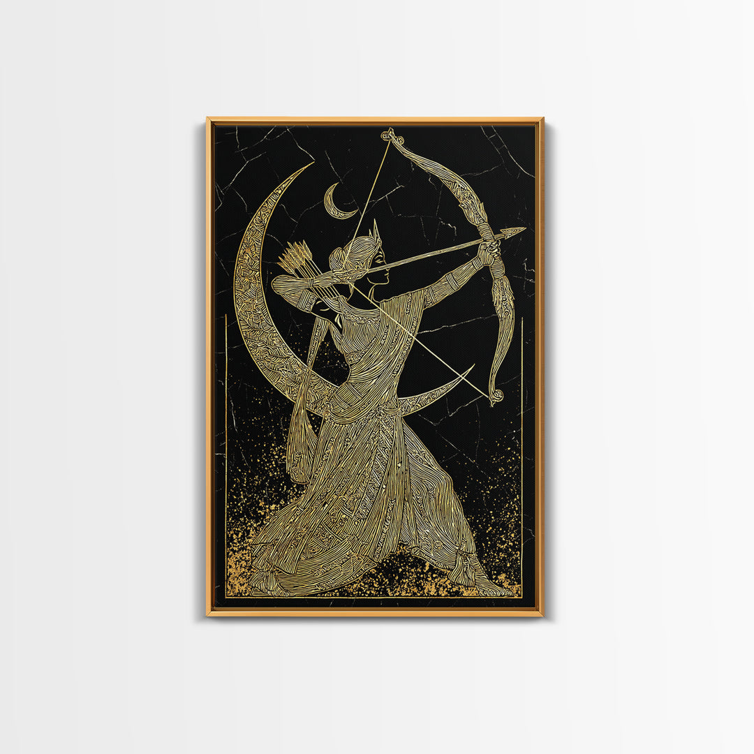Artemis Lunar Goddess Archery Scene, Canvas Gold Art Print, Real Wood Frame, Mythology Wall Art, Elegant Greek Decor