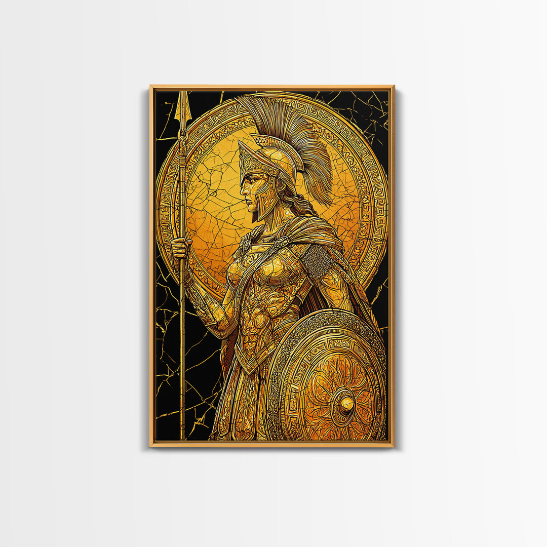 Athena Warrior Goddess With Spear And Shield, Canvas Gold Canvas Print, Real Wood Frame, Greek Myth Wall Art, Strength Decor