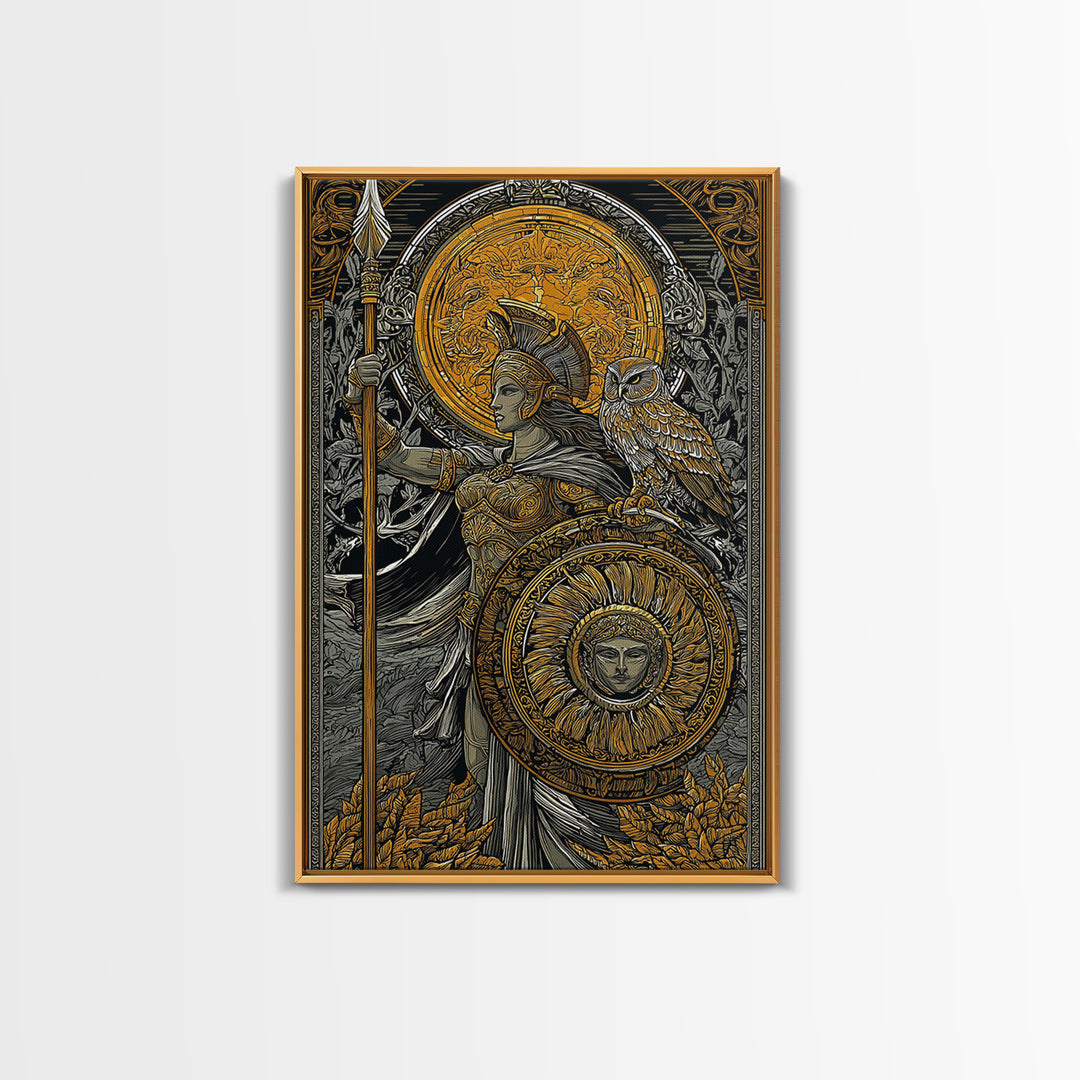 Athena With Owl Wisdom Goddess Art, Canvas Gold Art Print, Real Wood Frame, Greek Mythology Wall Hanging, Protection Decor
