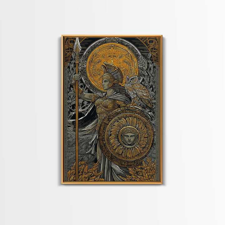 Athena With Owl Wisdom Goddess Art, Canvas Gold Art Print, Real Wood Frame, Greek Mythology Wall Hanging, Protection Decor