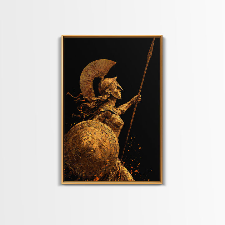 Athena Warrior Goddess With Spear And Shield, Canvas Gold Canvas Print, Real Wood Frame, Greek Mythology Wall Art
