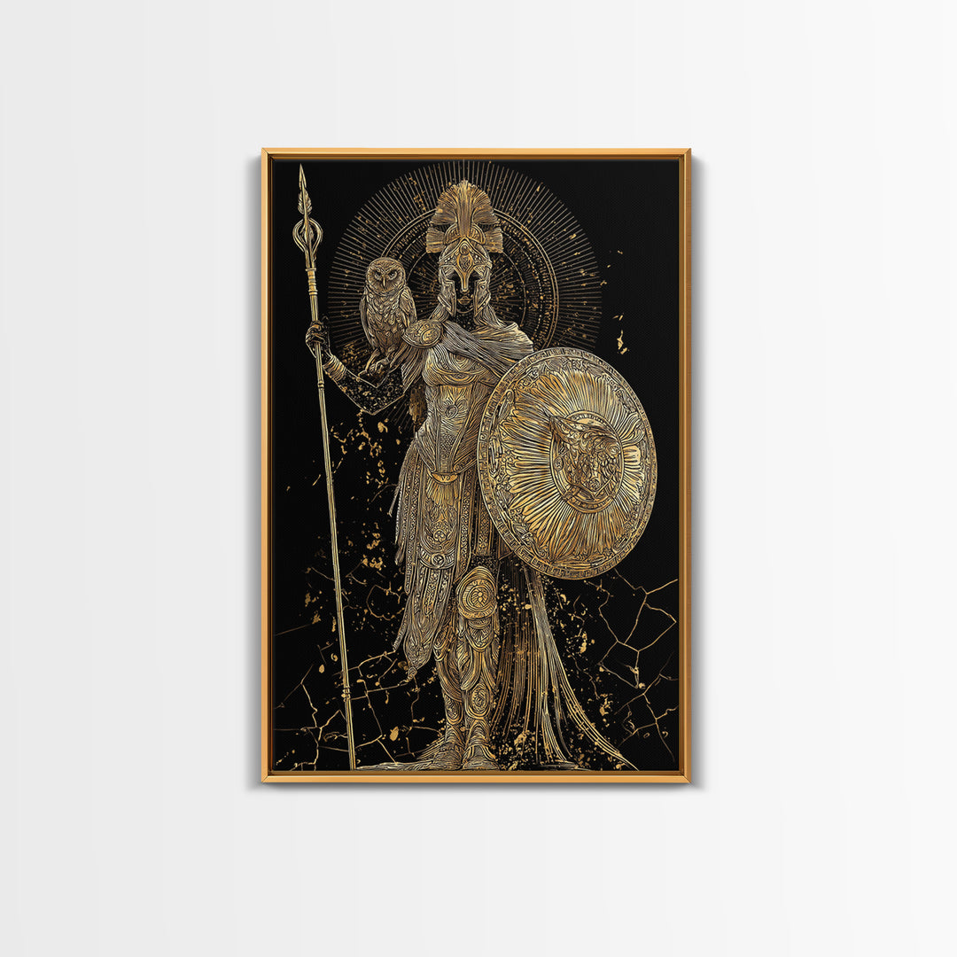 Athena With Owl And Shield Of Wisdom, Canvas Gold Art Print, Real Wood Frame, Ancient Greek Mythology Warrior Decor