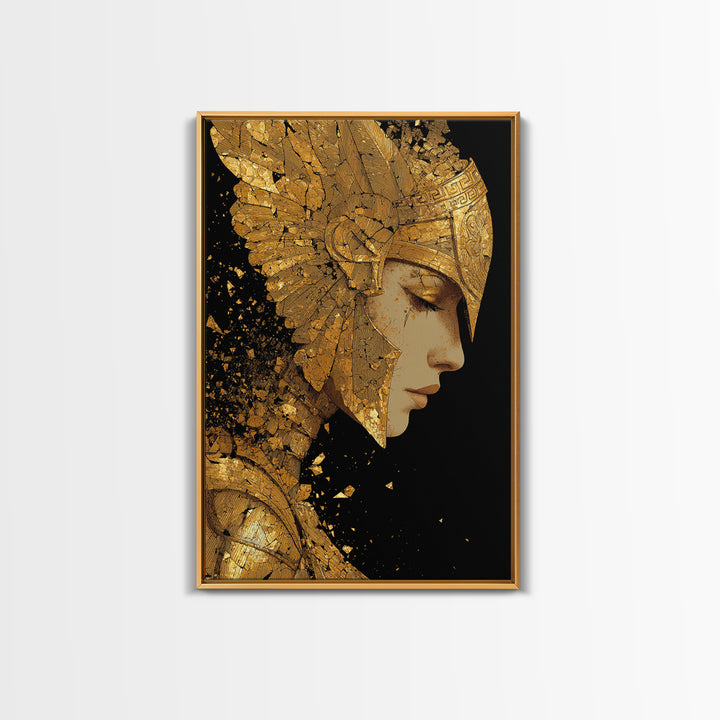 Athena Close Up Portrait In Armor, Canvas Gold Canvas Print, Real Wood Frame, Greek Goddess Warrior Mythology Wall Art
