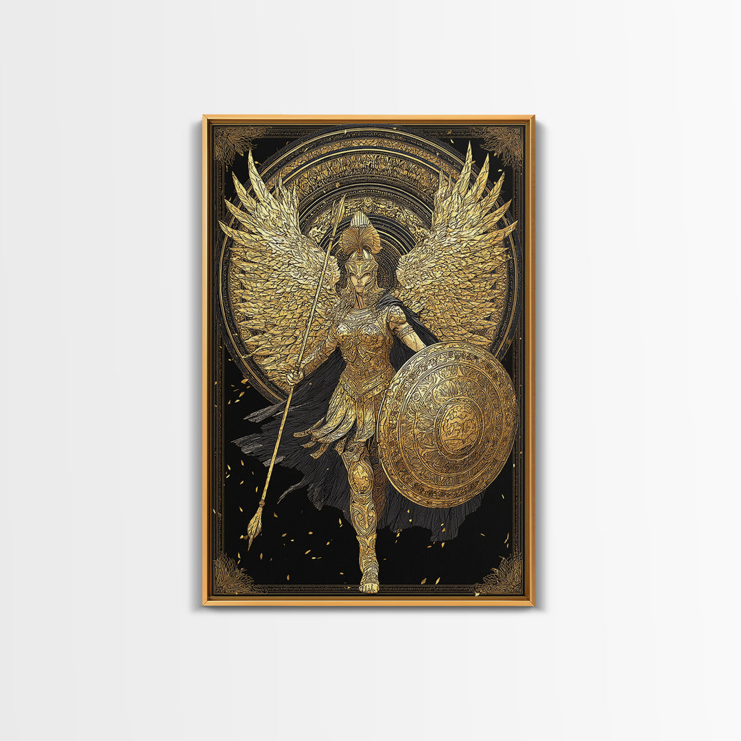 Athena Winged Warrior Goddess With Shield, Canvas Gold Art Print, Real Wood Frame, Greek Mythology Goddess Wall Decor