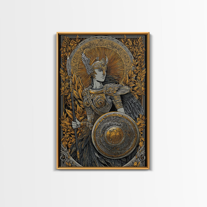 Athena Goddess Of Wisdom With Spear, Canvas Gold Canvas Print, Real Wood Frame, Greek Mythology Warrior Goddess Art