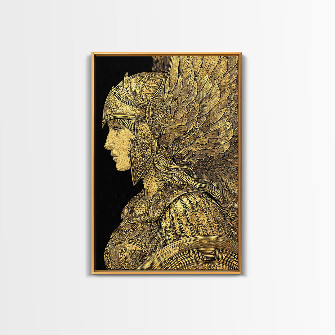 Athena Warrior Goddess Profile With Wings, Canvas Gold Art Print, Real Wood Frame, Greek Mythology Goddess Wall Art
