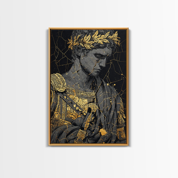 Roman Emperor Bust With Laurel Crown, Canvas Gold Canvas Print, Classical Sculpture Wall Art, Real Wood Frame Home Decor