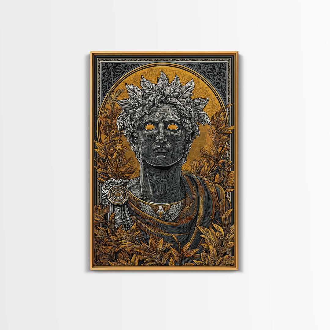 Apollo God Bust Surrounded By Laurel Leaves, Canvas Gold Art Print, Greek Mythology Wall Decor, Real Wood Frame Artwork