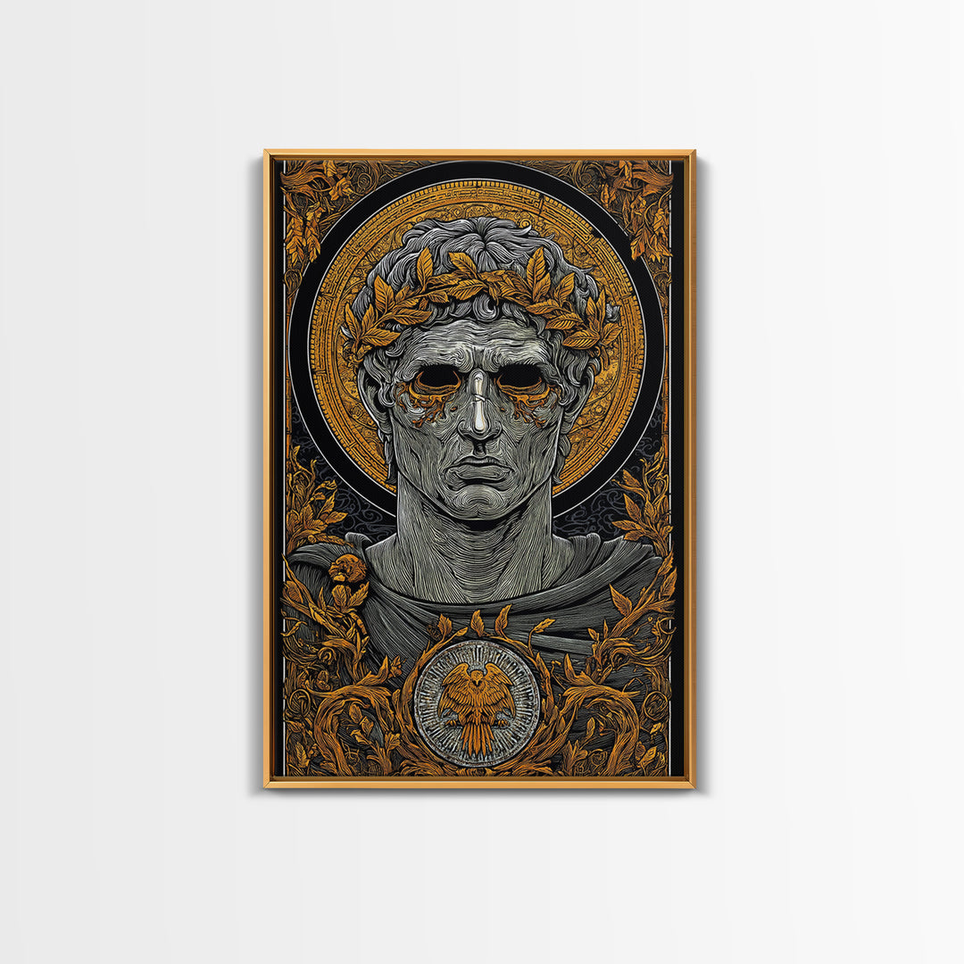 Caesar Inspired Roman Bust, Canvas Gold Canvas Print, Ancient Rome Decorative Wall Art, Mythology Style, Real Wood Frame