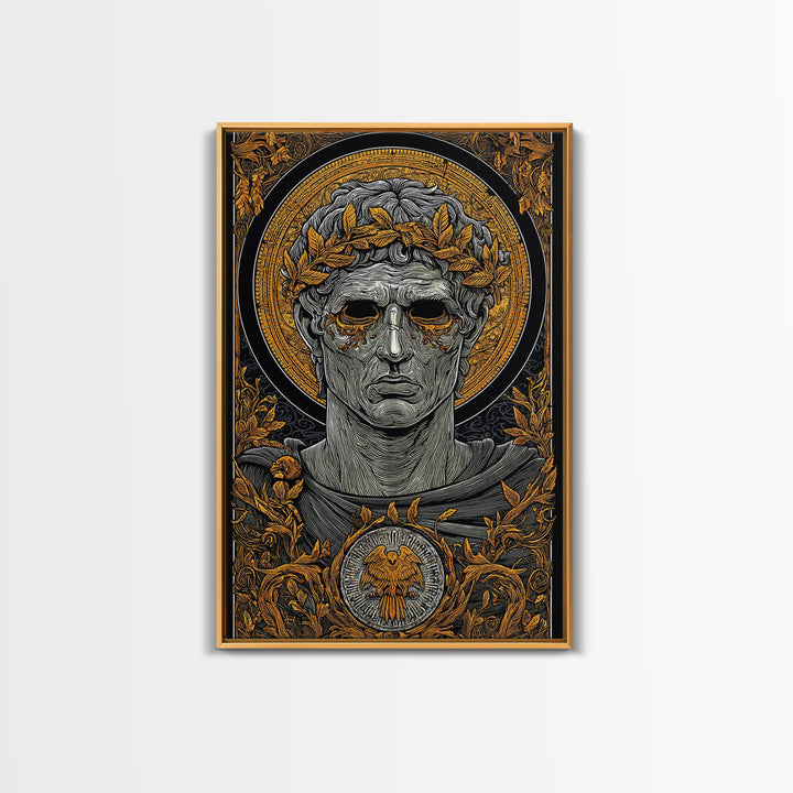 Caesar Inspired Roman Bust, Canvas Gold Canvas Print, Ancient Rome Decorative Wall Art, Mythology Style, Real Wood Frame