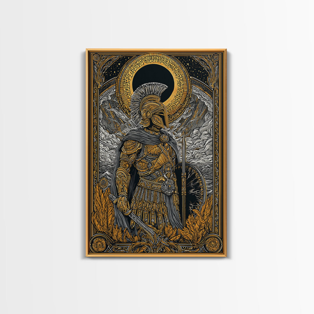 Greek Hoplite Soldier With Shield And Sword, Canvas Gold Art Print, Mythology Inspired Wall Decor, Real Wood Frame Design
