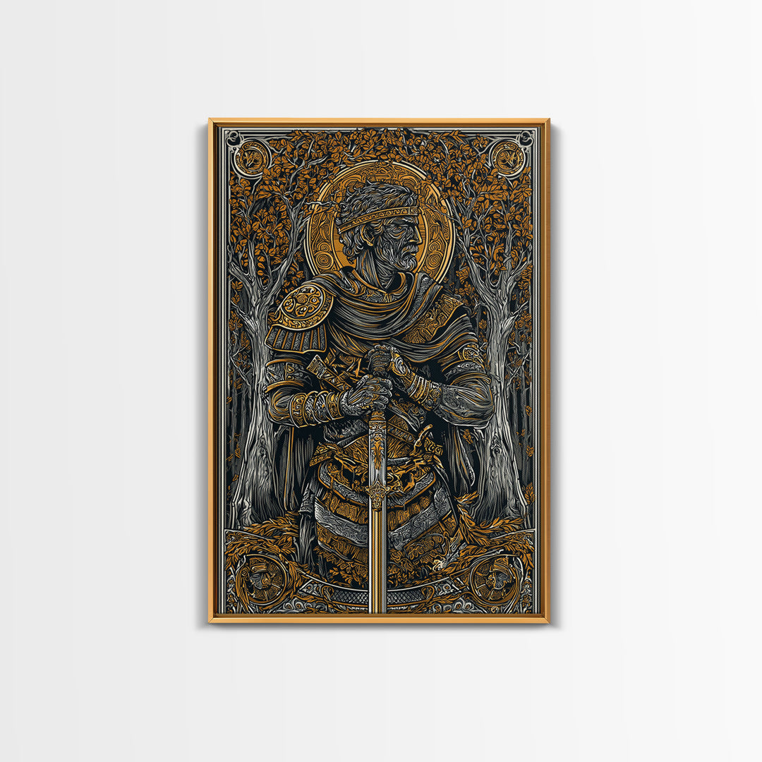 King With Sword In Ornate Armor, Canvas Gold Canvas Print, Medieval Mythology Warrior Wall Art, Real Wood Frame Decoration