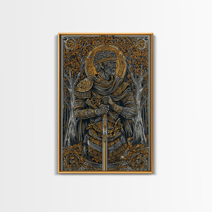 King With Sword In Ornate Armor, Canvas Gold Canvas Print, Medieval Mythology Warrior Wall Art, Real Wood Frame Decoration