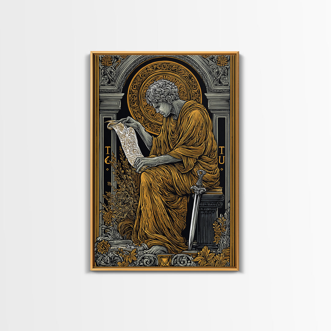 Scholar Reading Ancient Scroll, Canvas Gold Art Print, Roman Inspired Decorative Wall Art, Mythology Style, Real Wood Frame