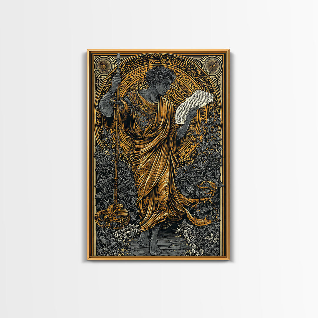 Philosopher Holding Spear And Scroll, Canvas Gold Canvas Print, Classical Greek Wall Art, Mythology Inspired, Real Wood Frame