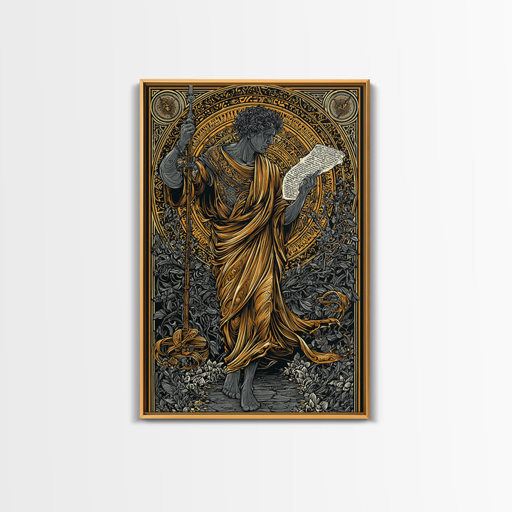 Philosopher Holding Spear And Scroll, Canvas Gold Canvas Print, Classical Greek Wall Art, Mythology Inspired, Real Wood Frame