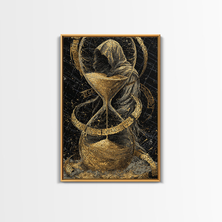 Hooded Figure In Hourglass Timepiece, Canvas Gold Art Print, Mythological Decorative Wall Art, Symbolic Design, Real Wood Frame
