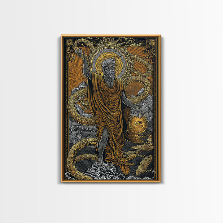 God Of Creation With Ouroboros Serpent, Canvas Gold Canvas Print, Ancient Mythology Decorative Wall Art, Real Wood Frame Artwork