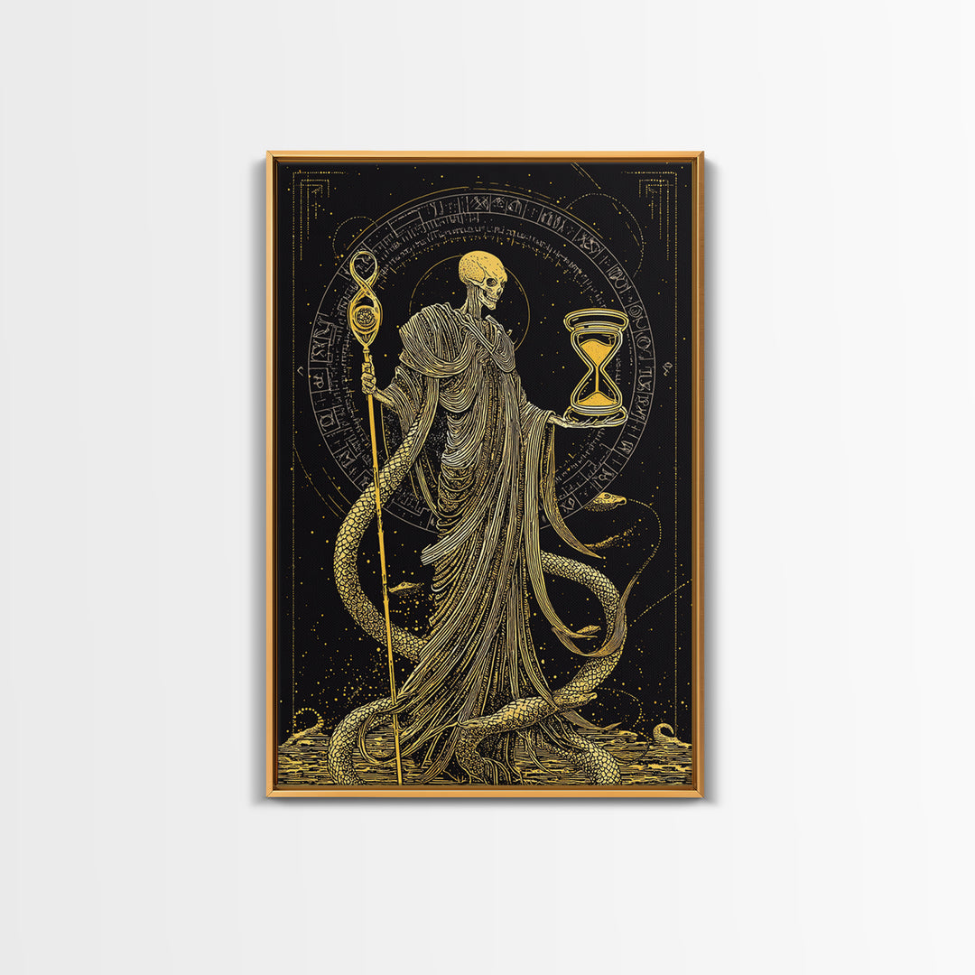 Chronos Canvas Gold Canvas Print, Mythological Skeleton Holding Hourglass, Esoteric Wall Art, Real Wood Framed Artwork