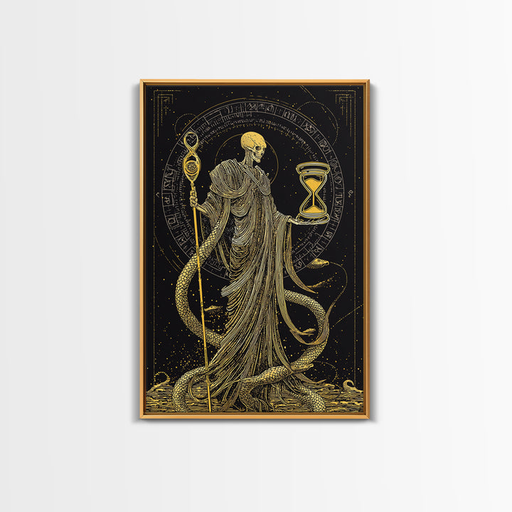 Chronos Canvas Gold Canvas Print, Mythological Skeleton Holding Hourglass, Esoteric Wall Art, Real Wood Framed Artwork