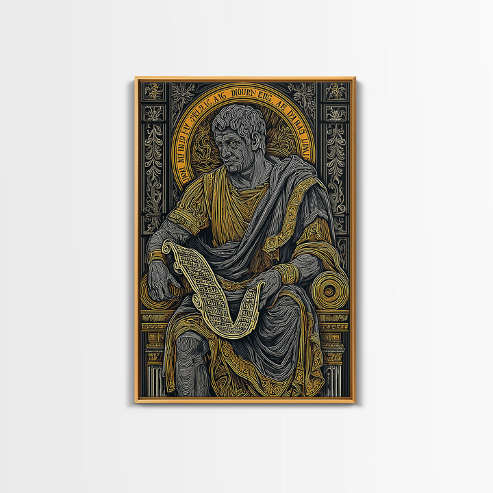 Cicero Canvas Gold Canvas Print, Roman Philosopher Scroll Portrait, Stoic Thinker Artwork, Real Wood Frame Home Decor