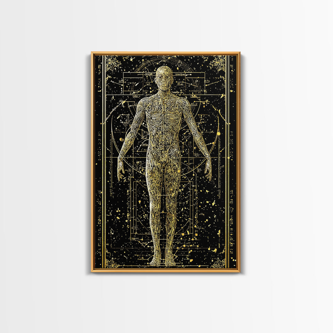 Vitruvian Human Anatomy Canvas Gold Canvas Print, Sacred Geometry Wall Art, Celestial Body Illustration, Real Wood Frame Decor