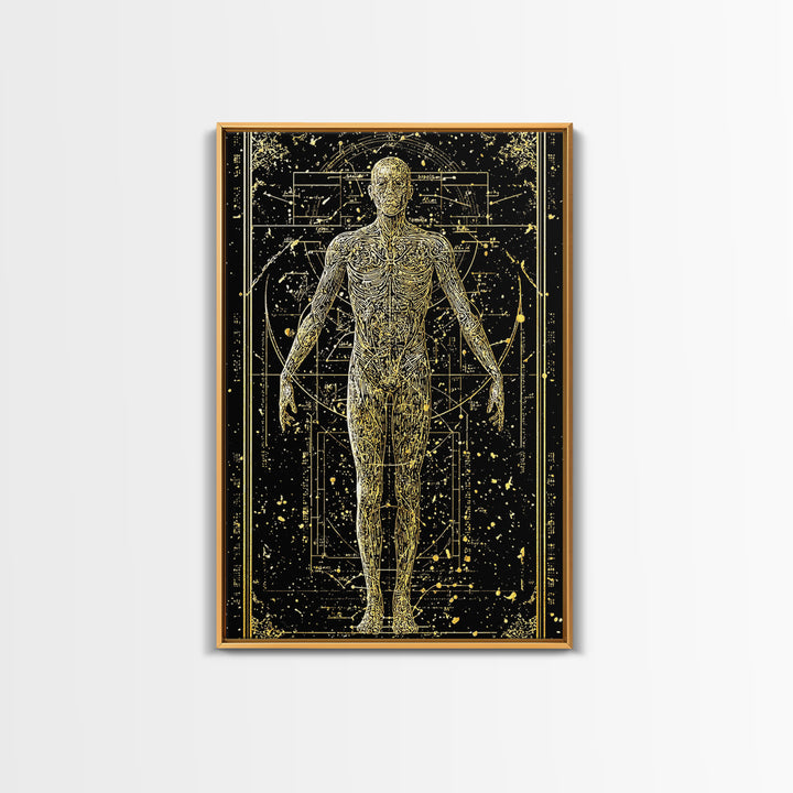 Vitruvian Human Anatomy Canvas Gold Canvas Print, Sacred Geometry Wall Art, Celestial Body Illustration, Real Wood Frame Decor