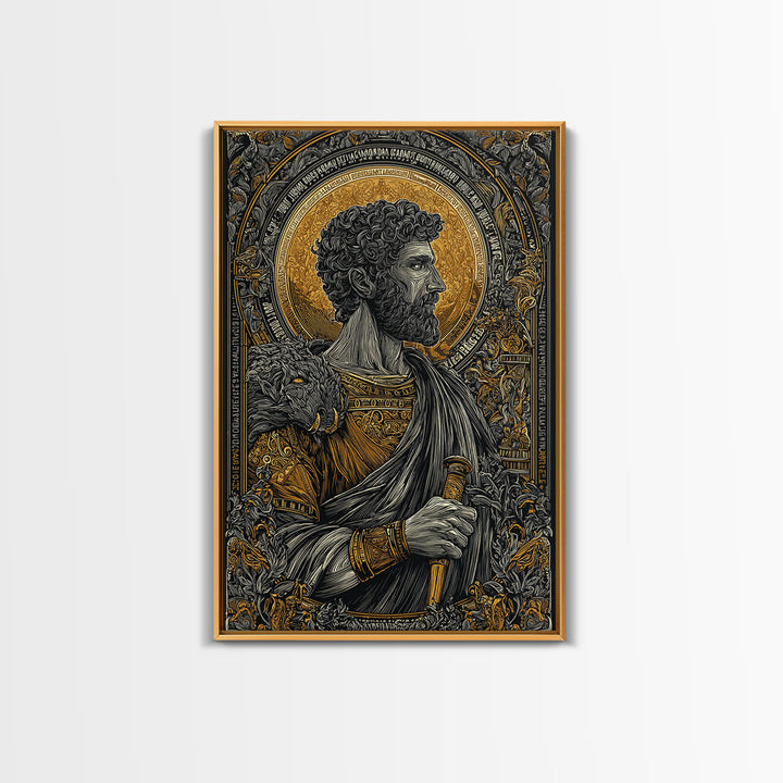 Commodus Canvas Gold Canvas Print, Roman Emperor With Sword Portrait, Historical Warrior Wall Art, Real Wood Framed Piece