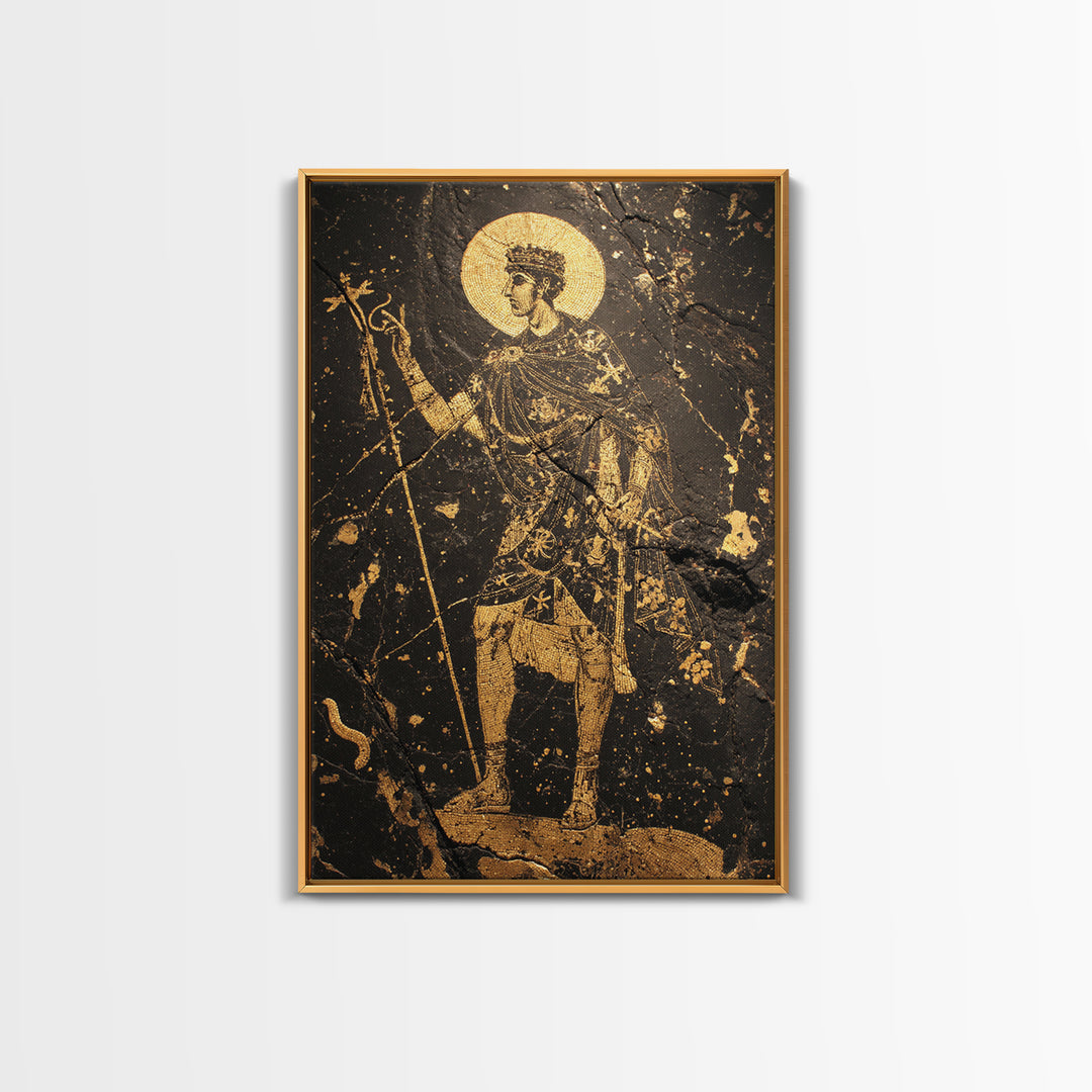 Constantine Canvas Gold Canvas Print, Byzantine Roman Emperor Holding Staff Artwork, Regal Historical Wall Art, Wood Frame