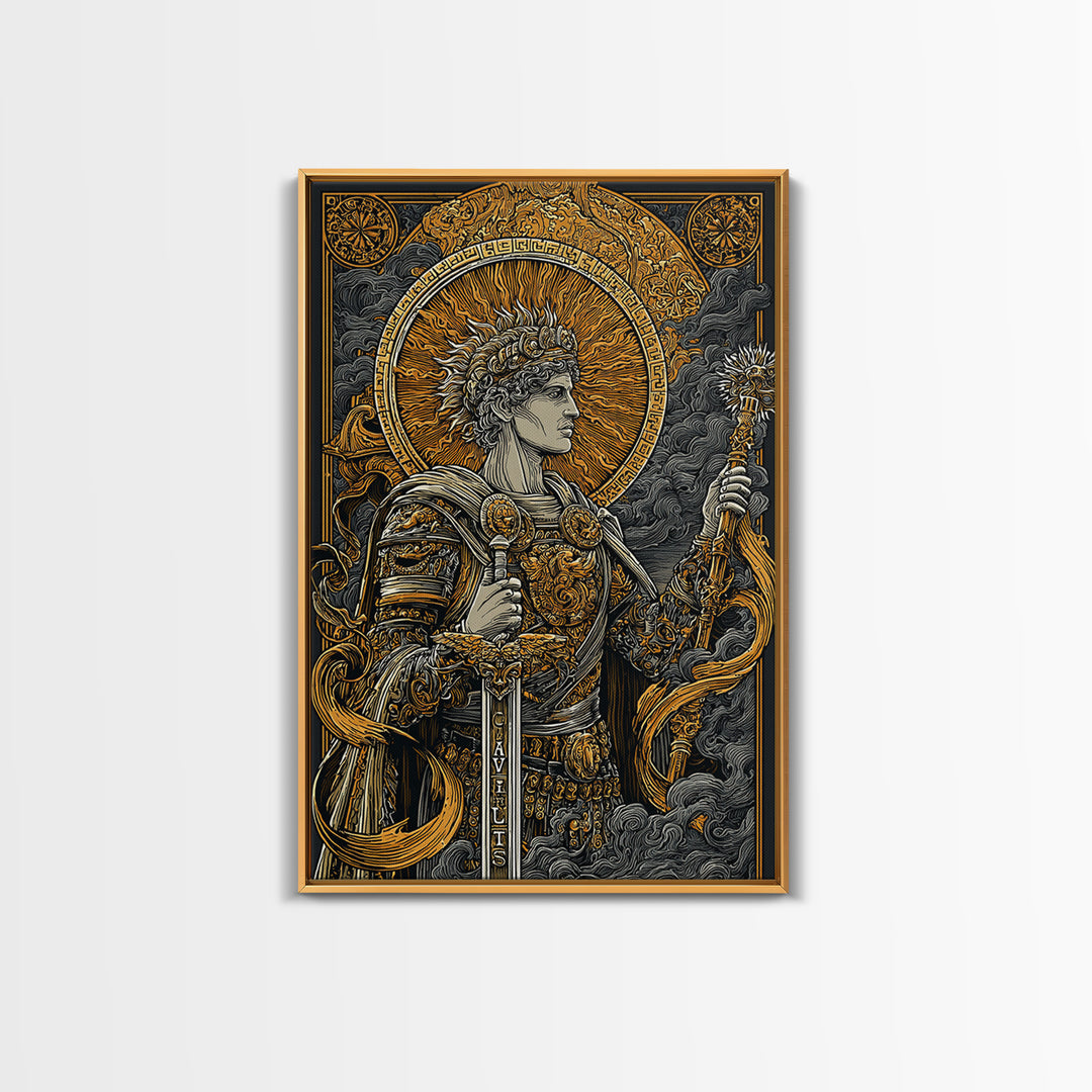 Classical Warrior God Artwork, Canvas Gold Canvas Print, Mythology Wall Art, Ancient Roman Style, Real Wood Frame Decor