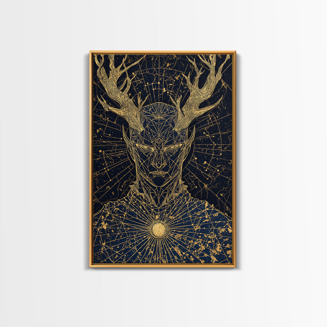 Geometric Antler God Artwork, Canvas Gold Art Print, Mythology Constellation Wall Decor, Cosmic Style, Real Wood Frame