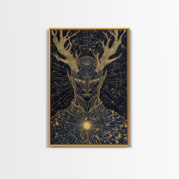 Geometric Antler God Artwork, Canvas Gold Art Print, Mythology Constellation Wall Decor, Cosmic Style, Real Wood Frame