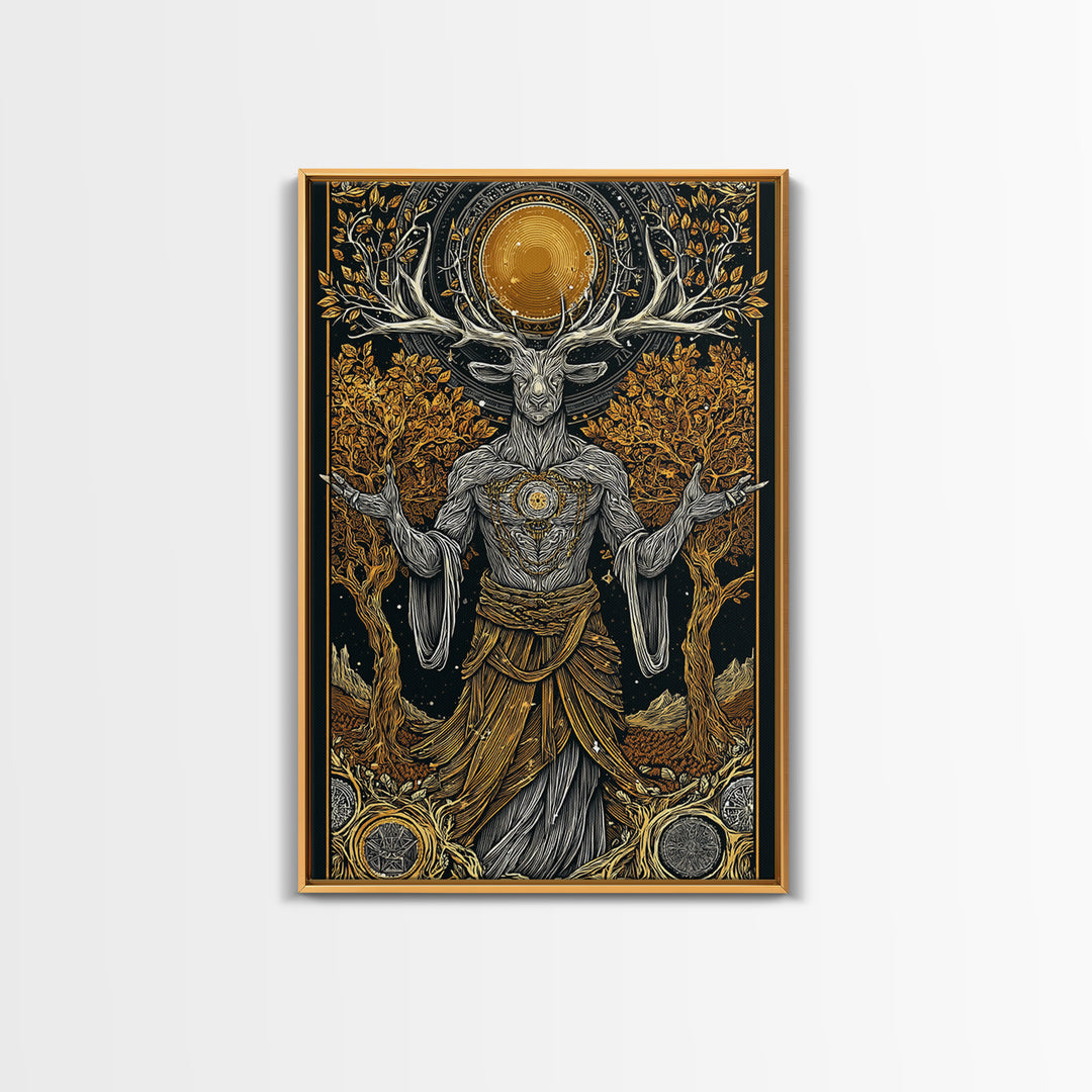Forest Deer God Artwork, Canvas Gold Canvas Print, Pagan Mythology Wall Art, Nature Spirit Decor, Real Wood Frame Accent