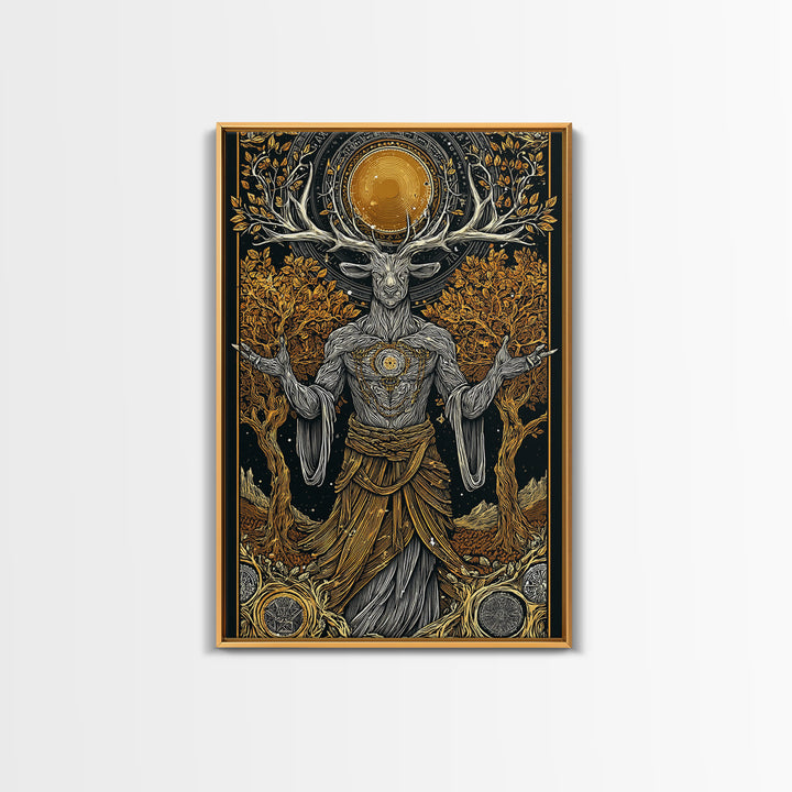 Forest Deer God Artwork, Canvas Gold Canvas Print, Pagan Mythology Wall Art, Nature Spirit Decor, Real Wood Frame Accent