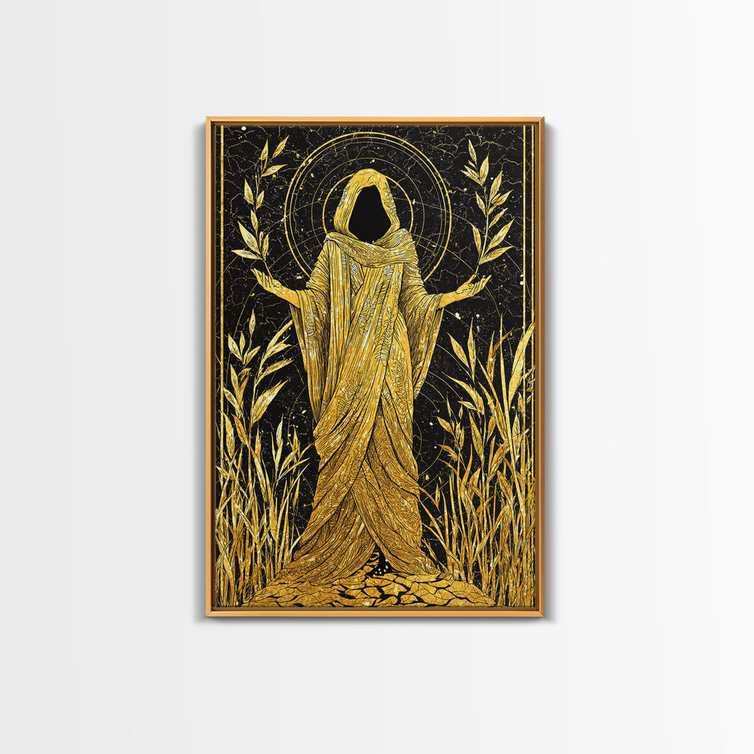 Mystical Hooded Figure Artwork, Canvas Gold Art Print, Mythology Spiritual Wall Decor, Divine Goddess Style, Real Wood Frame
