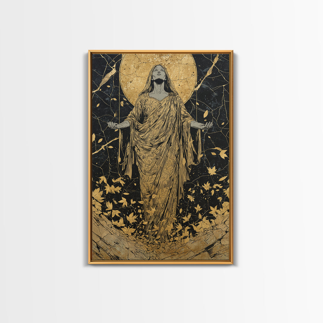 Ancient Goddess Rising Artwork, Canvas Gold Canvas Print, Mythology Divine Feminine Wall Art, Celestial Style, Real Wood Frame