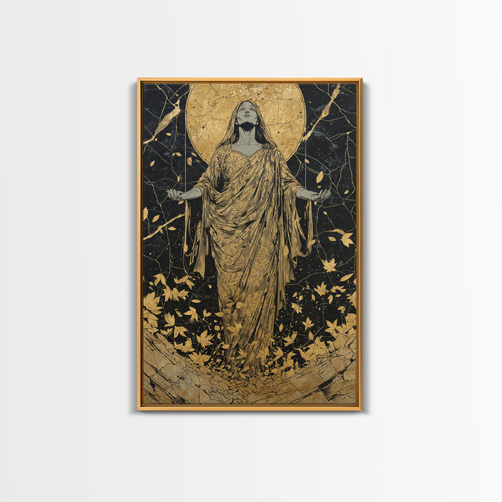 Ancient Goddess Rising Artwork, Canvas Gold Canvas Print, Mythology Divine Feminine Wall Art, Celestial Style, Real Wood Frame