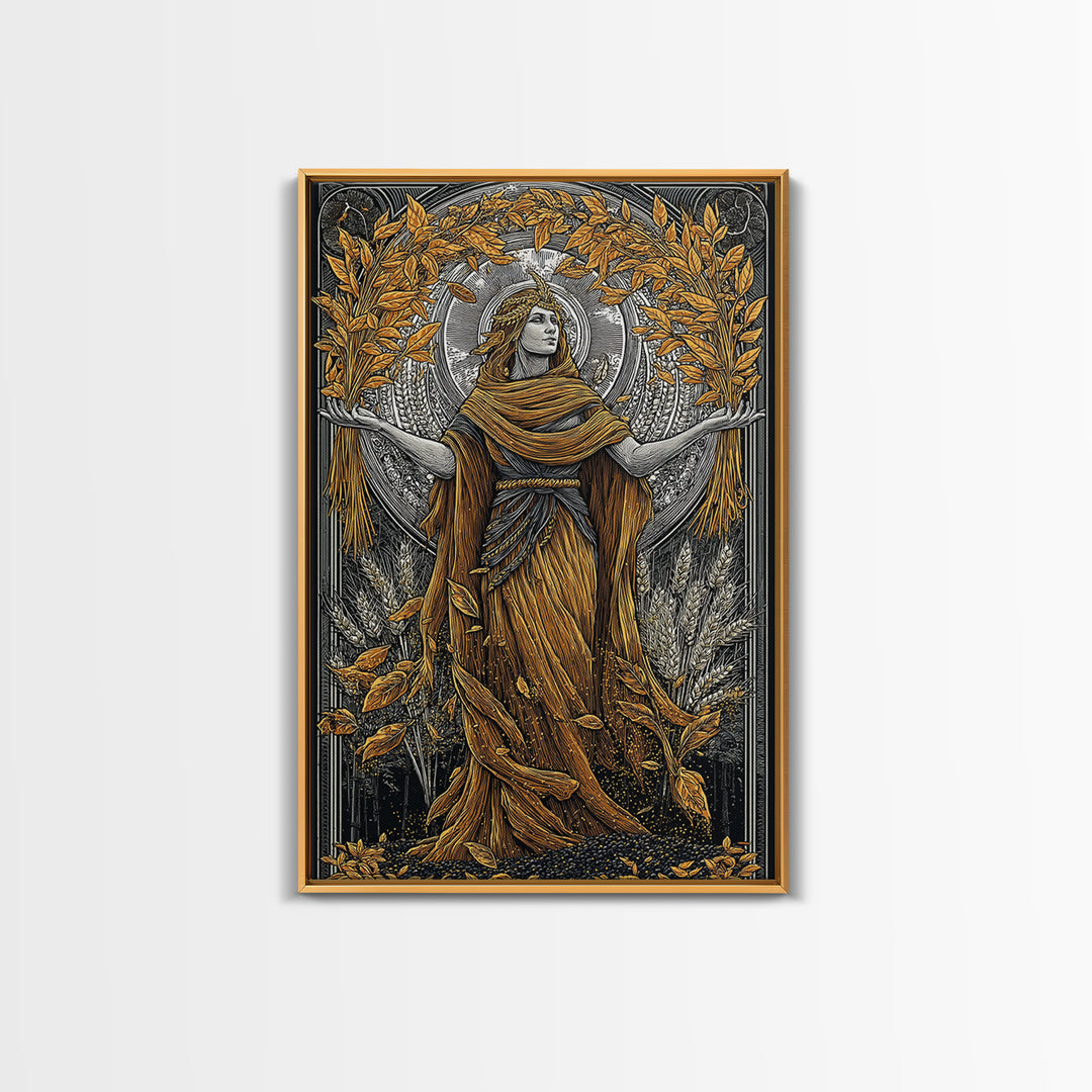 Harvest Goddess Artwork, Canvas Gold Art Print, Ancient Mythology Wall Decor, Wheat and Leaves Motif, Real Wood Frame Display