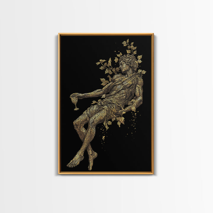 Resting God With Wine Artwork, Canvas Gold Canvas Print, Mythology Dionysus Inspired Wall Art, Mosaic Style, Real Wood Frame