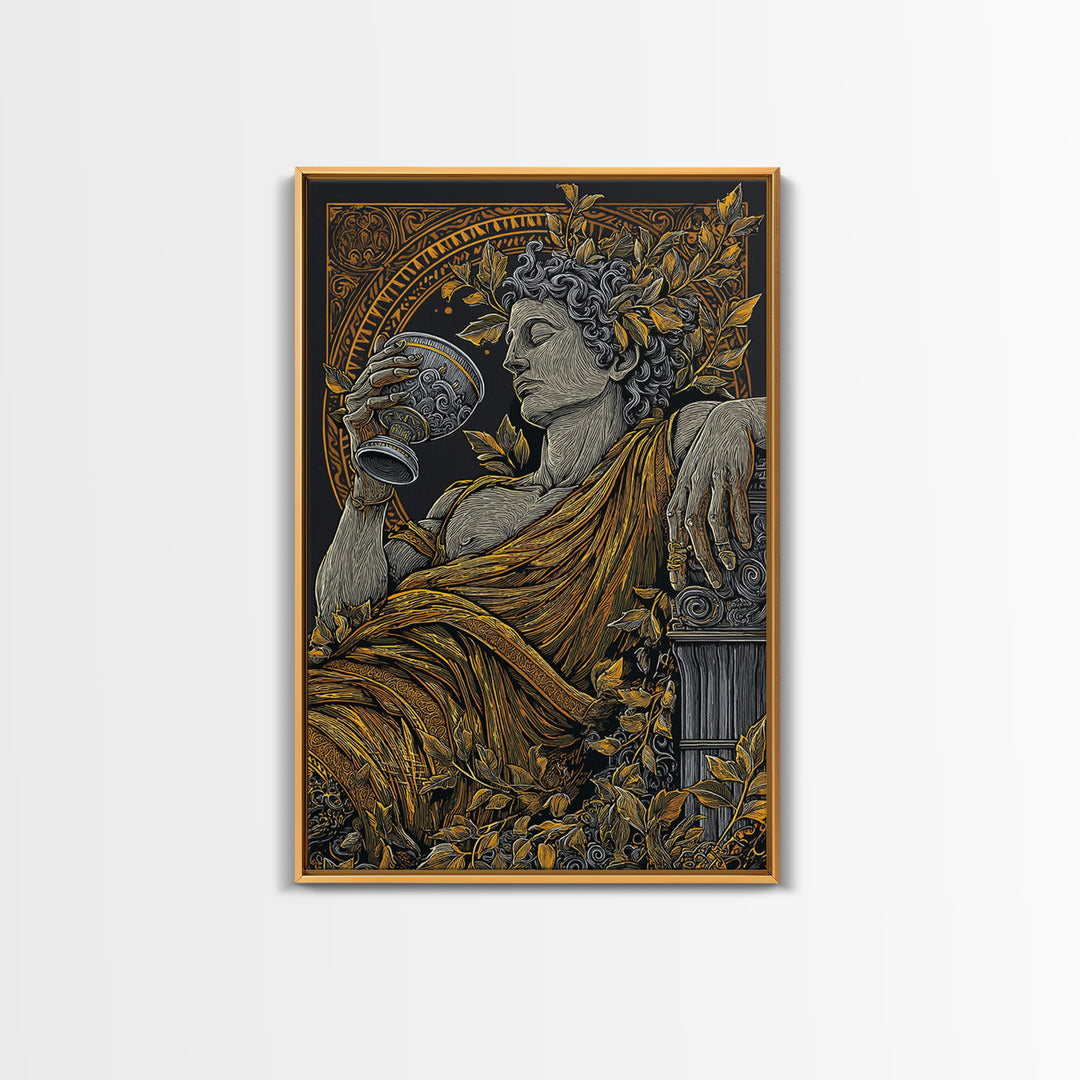 Reclining God With Chalice Artwork, Canvas Gold Art Print, Mythology Inspired Wall Decor, Classical Greek Style, Real Wood Frame
