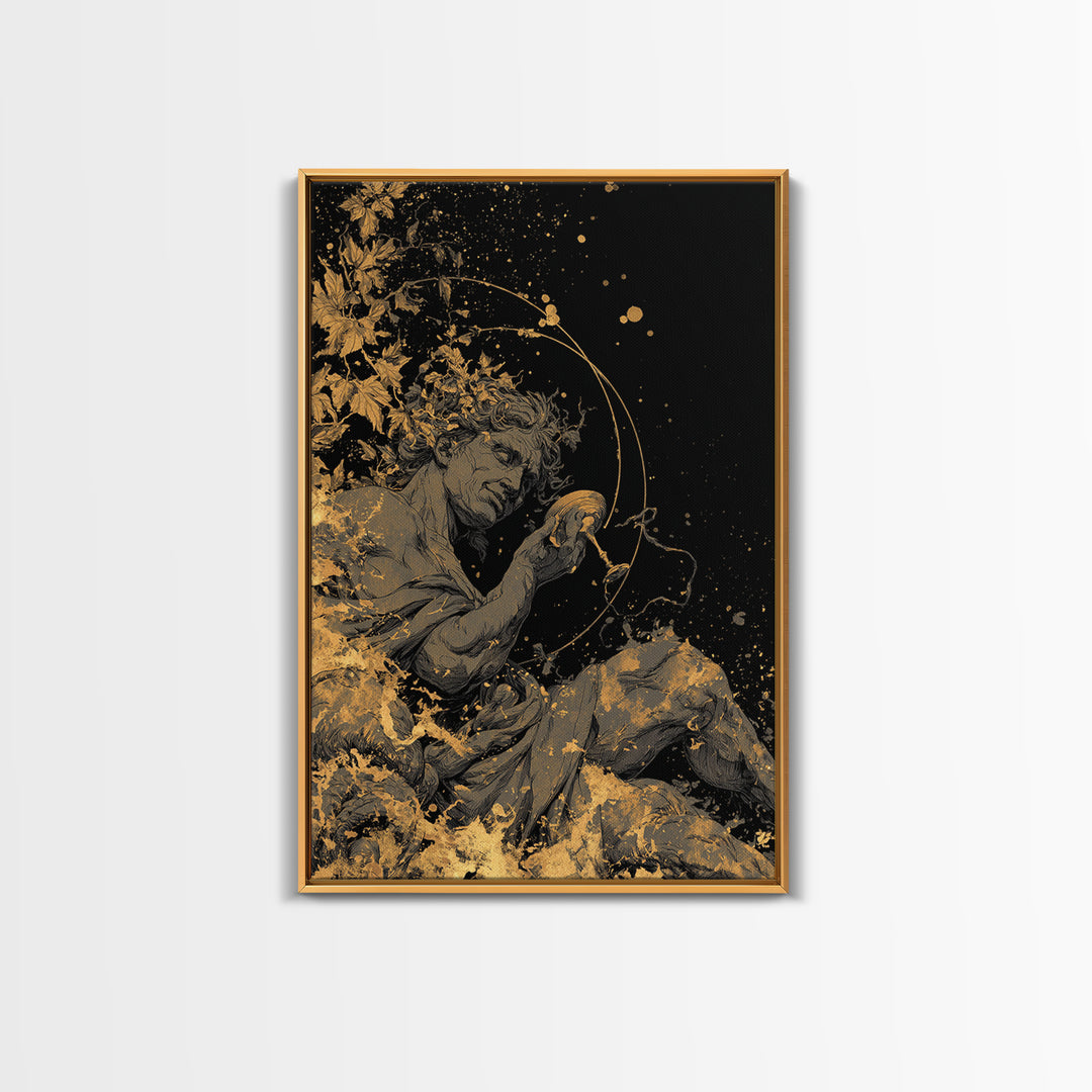 Mythology God Drinking Artwork, Canvas Gold Canvas Print, Ancient Dionysus Inspired Wall Art, Wine Motif Decor, Real Wood Frame