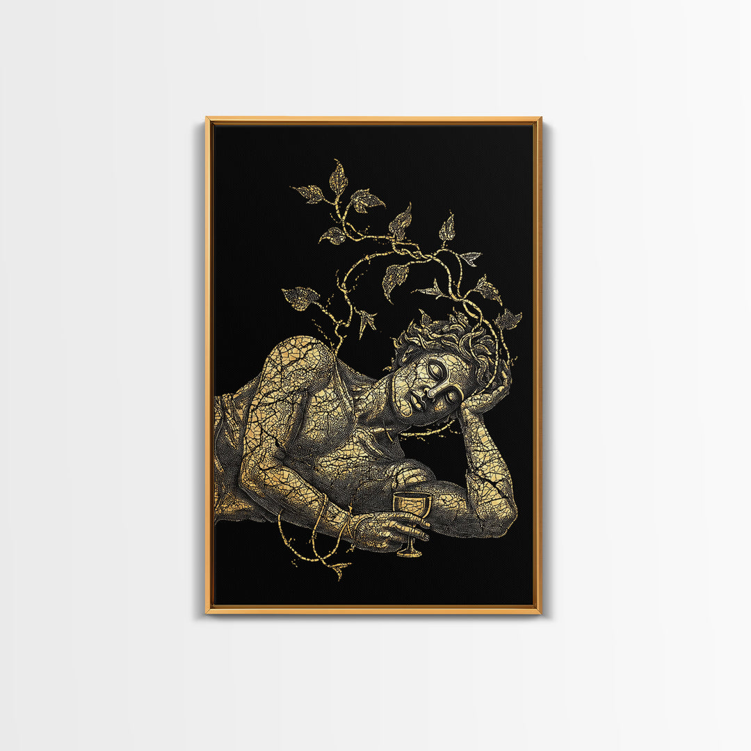 Sleeping God With Vines Artwork, Canvas Gold Art Print, Mythology Dionysus Inspired Wall Decor, Mosaic Style, Real Wood Frame