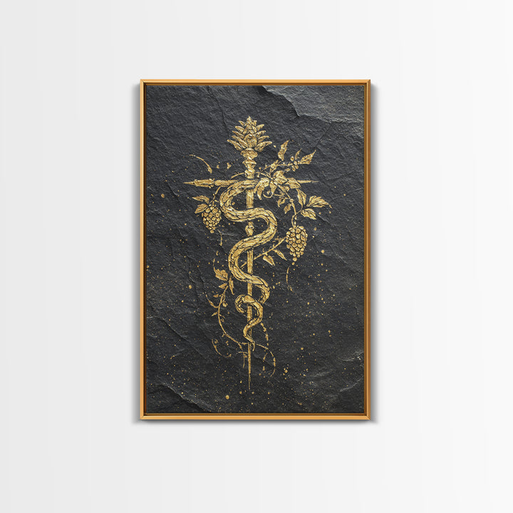 Mythical Serpent Staff Canvas Gold Canvas Print, Ancient Symbolic Snake Art, Luxury Decor With Real Wood Frame