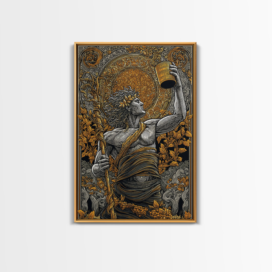 Dionysus Celebration Canvas Gold Canvas Print, Greek God Of Wine Wall Art, Mythology Decor With Real Wood Frame
