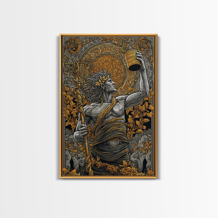 Dionysus Celebration Canvas Gold Canvas Print, Greek God Of Wine Wall Art, Mythology Decor With Real Wood Frame
