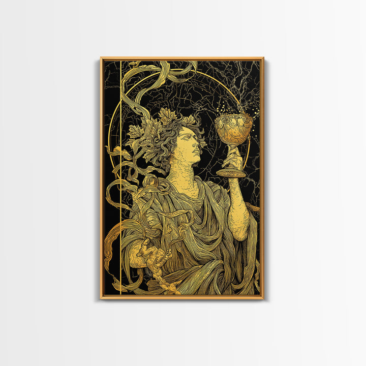 Dionysus With Chalice Canvas Gold Canvas Print, Ancient Greek God Art, Mythology Home Decor With Real Wood Frame