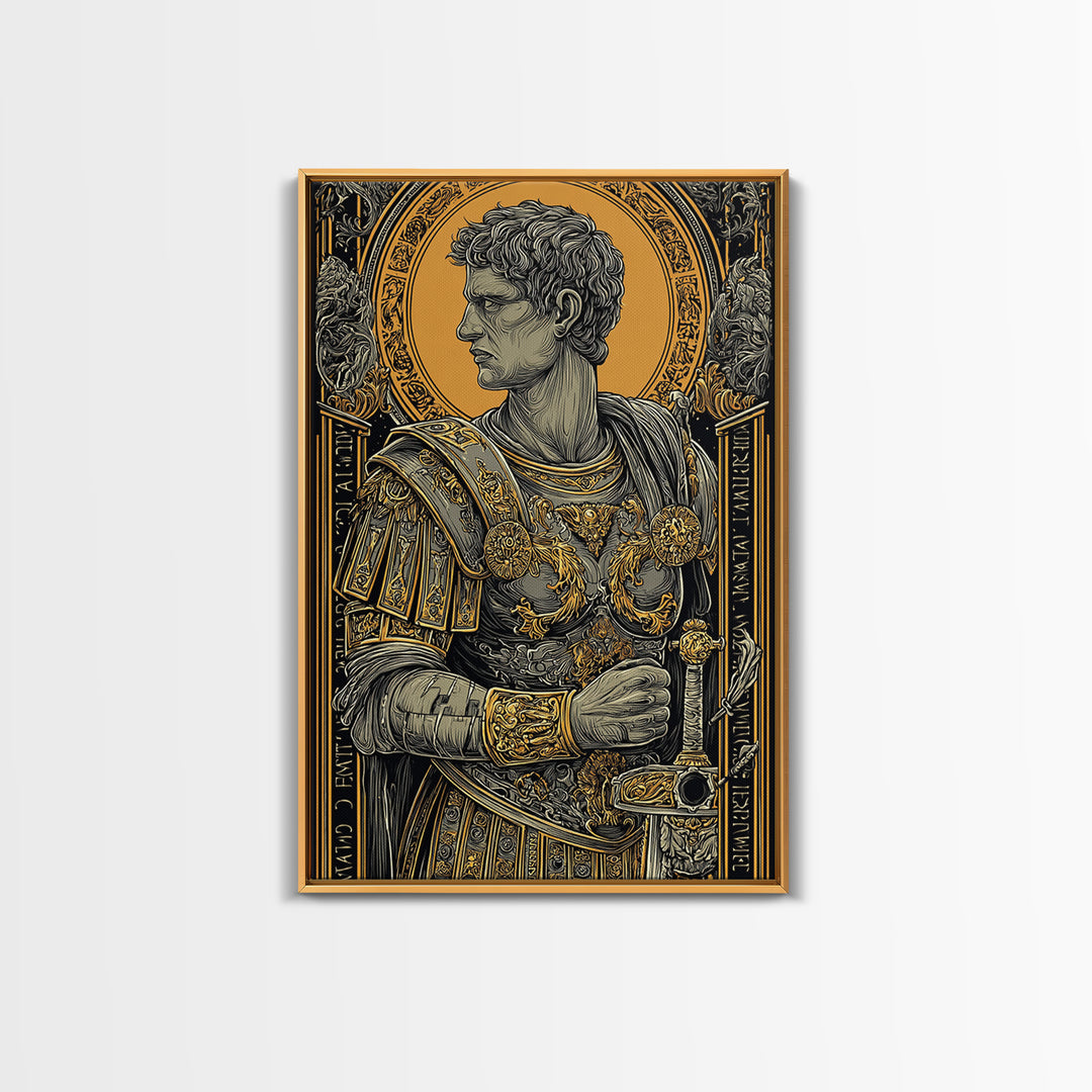 Roman General Portrait Canvas Gold Canvas Print, Ancient Warrior Wall Art, Regal Classical Decor With Real Wood Frame